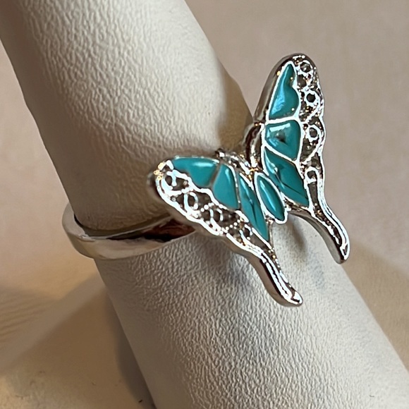 Silver Tone Turquoise Enamel Butterfly Ring, 7 - Picture 2 of 3